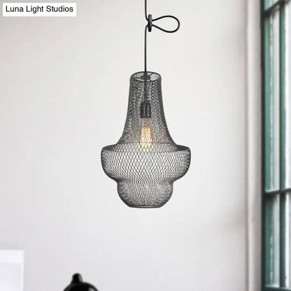 Industrial Black Mesh Cage Pendant Light - Modern Metal Hanging Lamp for Dining Room