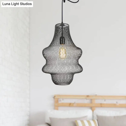 Industrial Black Mesh Cage Pendant Light - Modern Metal Hanging Lamp for Dining Room