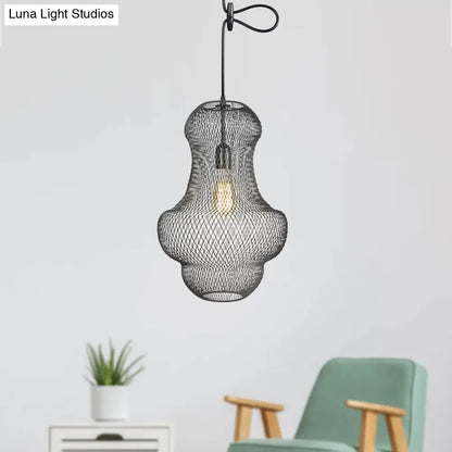 Industrial Black Mesh Cage Pendant Light - Modern Metal Hanging Lamp for Dining Room