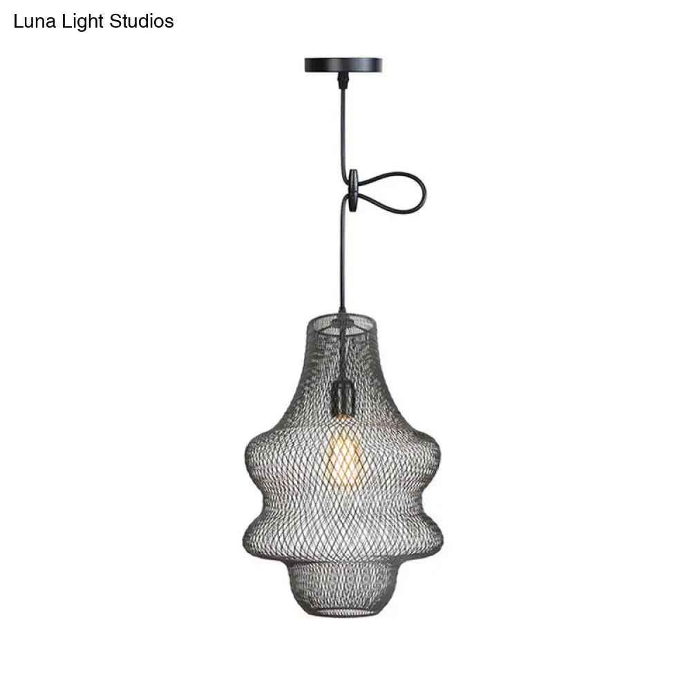 Industrial Black Mesh Cage Pendant Light - Modern Metal Hanging Lamp for Dining Room