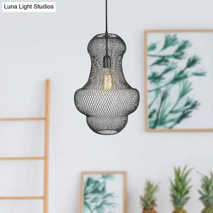 Industrial Black Mesh Cage Pendant Light - Modern Metal Hanging Lamp for Dining Room