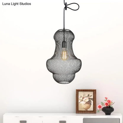 Industrial Black Mesh Cage Pendant Light - Modern Metal Hanging Lamp for Dining Room