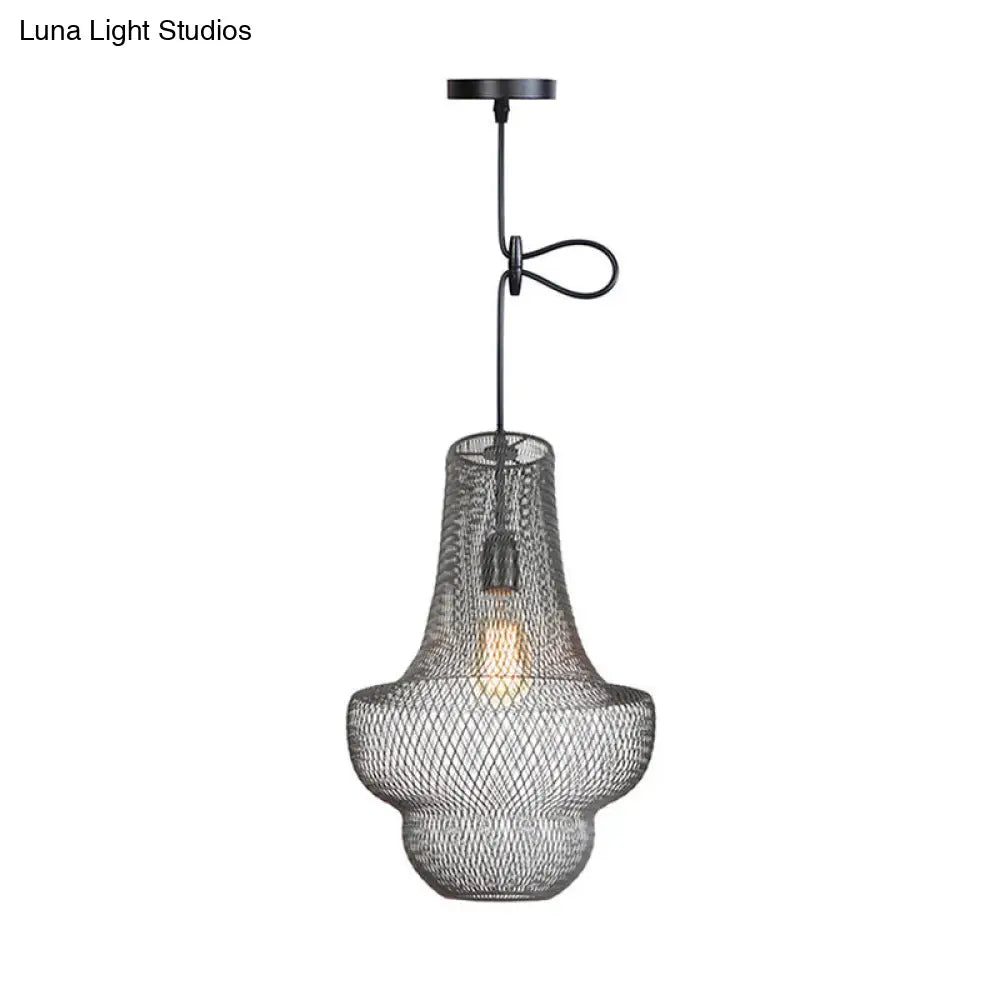 Industrial Black Mesh Cage Pendant Light - Modern Metal Hanging Lamp for Dining Room