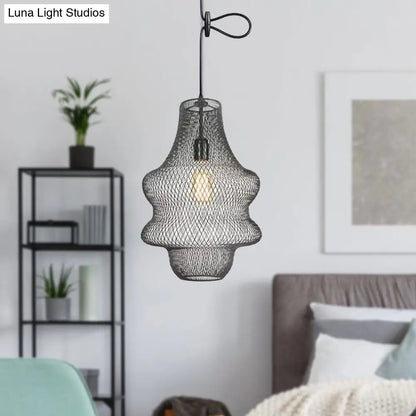 Industrial Black Mesh Cage Pendant Light - Modern Metal Hanging Lamp for Dining Room