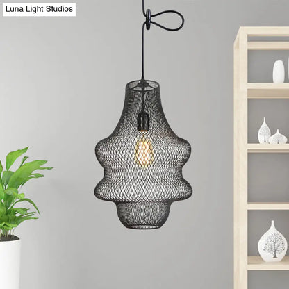 Industrial Black Mesh Cage Pendant Light - Modern Metal Hanging Lamp for Dining Room