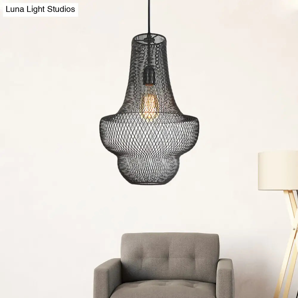 Industrial Black Mesh Cage Pendant Light - Modern Metal Hanging Lamp for Dining Room