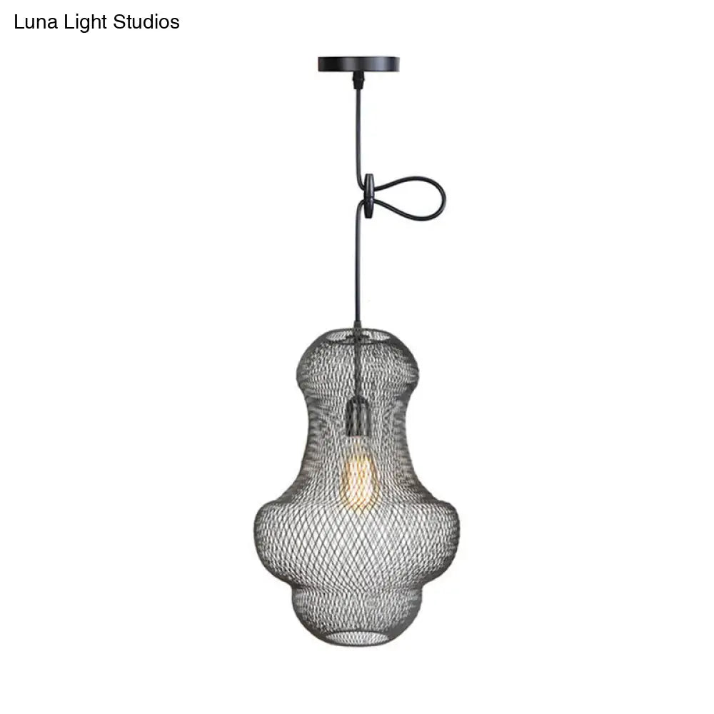 Industrial Black Mesh Cage Pendant Light - Modern Metal Hanging Lamp for Dining Room