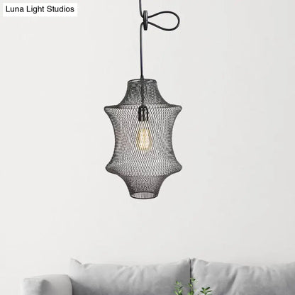 Industrial Black Mesh Cage Pendant Light - Modern Metal Hanging Lamp for Dining Room