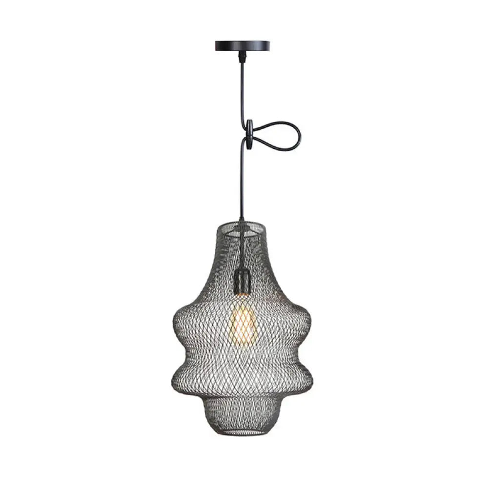 Industrial Black Mesh Cage Pendant Light - Modern Metal Hanging Lamp for Dining Room