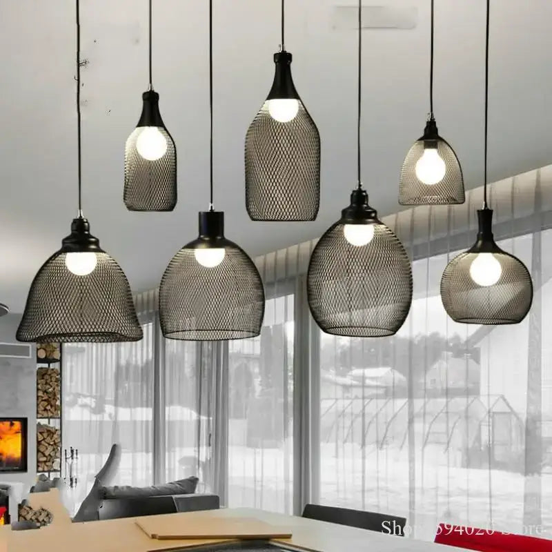 Industrial black mesh pendant light with varying bottle-shaped designs for dining room decorbites industrial birdcage chandelier