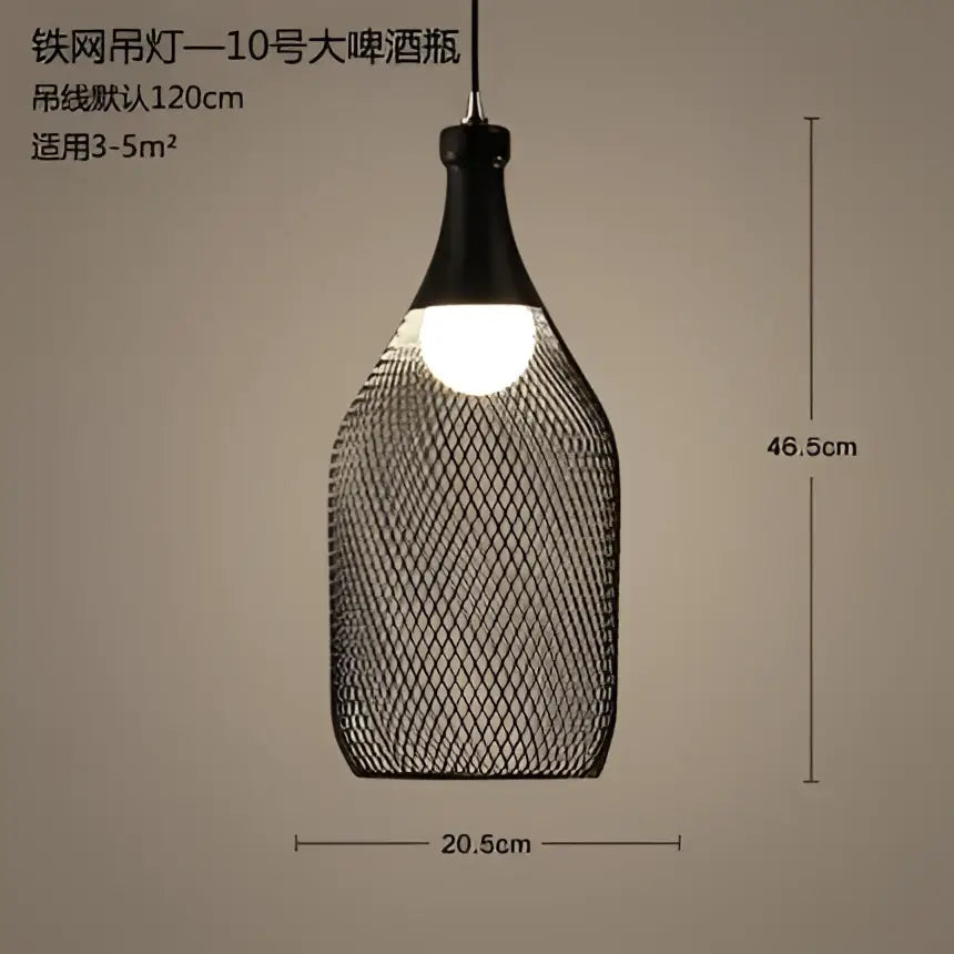 Black metal mesh pendant light resembling a large wine bottle in decorbites industrial birdcage chandelier style