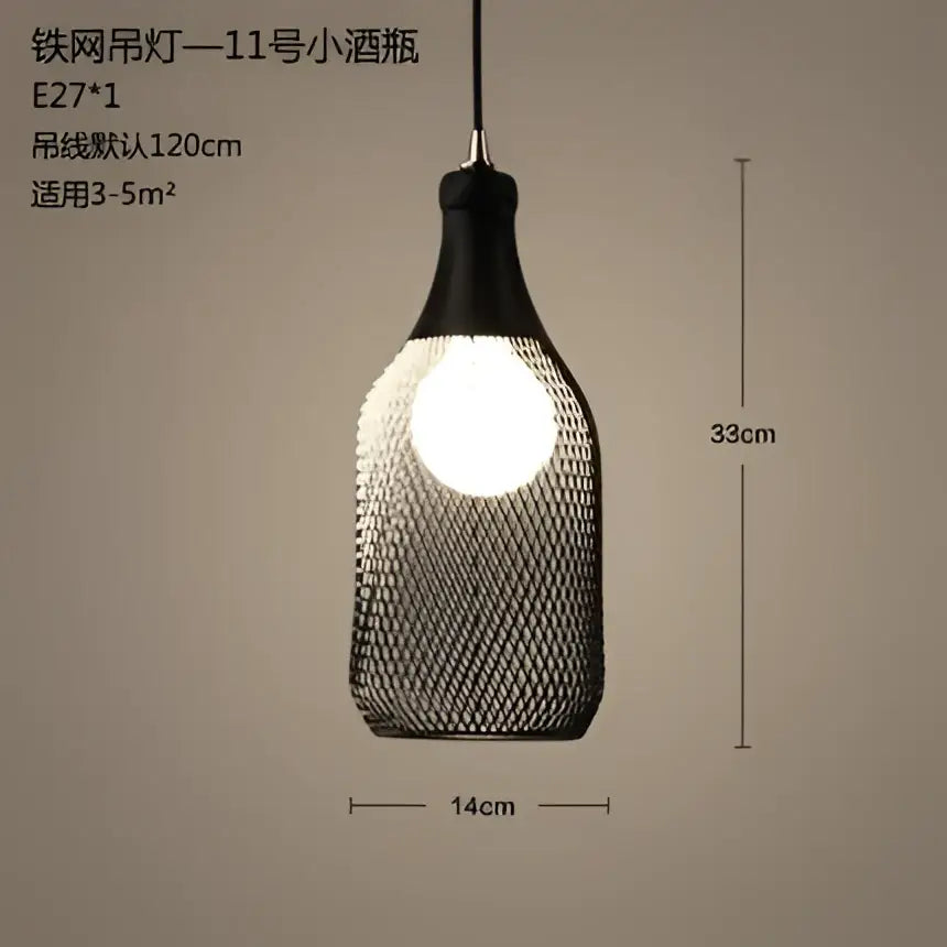 Black mesh pendant light with bulb designed as 11号 small bottle for decorbites industrial birdcage chandelier dining room