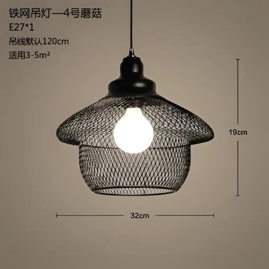 Black iron mesh pendant light with mushroom-shaped design and exposed bulb decorbites industrial birdcage chandelier