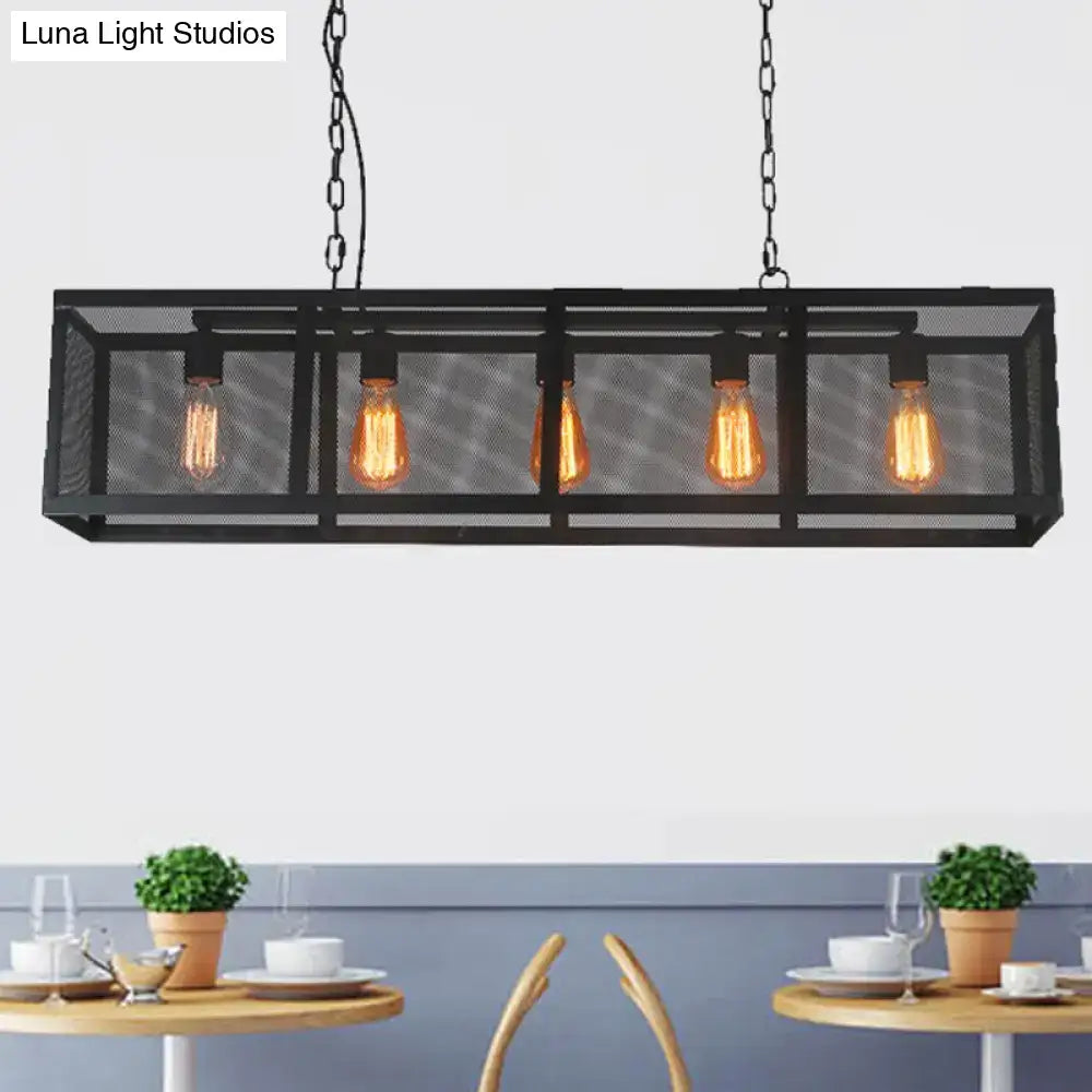 Black metal rectangular mesh shade pendant light with four e26 e27 edison bulbs and chain suspension for dining room island