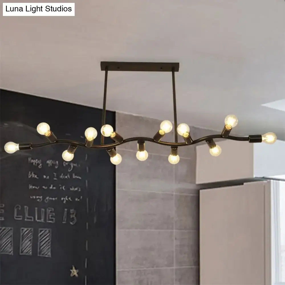 Decorbites wavy iron ceiling pendant hanging light with 13 exposed edison bulbs black metal frame 220v-240v chain cord length