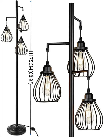 Black wrought iron industrial floor lamp with three led birdcage bulbs for decorbites led birdcage floor lighting