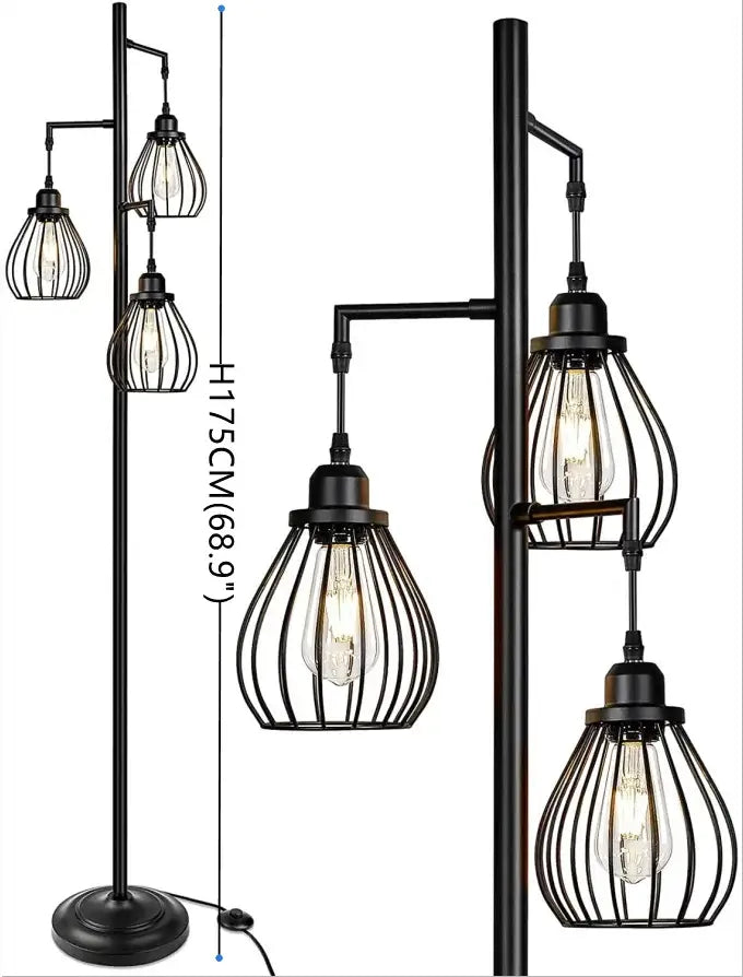 Black wrought iron industrial floor lamp with three led birdcage bulbs for decorbites led birdcage floor lighting