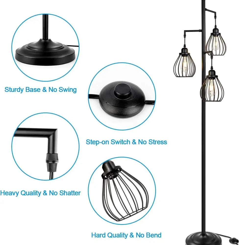 Industrial black metal floor lamp with three cage-style lights for decorbites led birdcage floor bedroom use