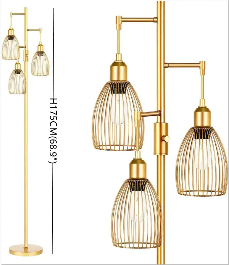 Gold-toned metal floor lamp with three cage-style shades and slender pole decorbites led birdcage floor lighting