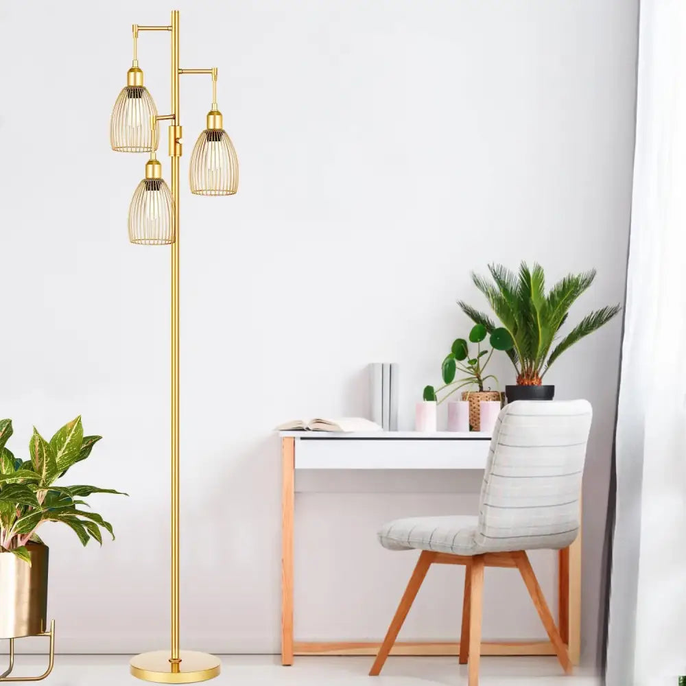 Gold-toned decorbites led birdcage floor lamp with three cage-style shades and a slender modern design for bedroom decor