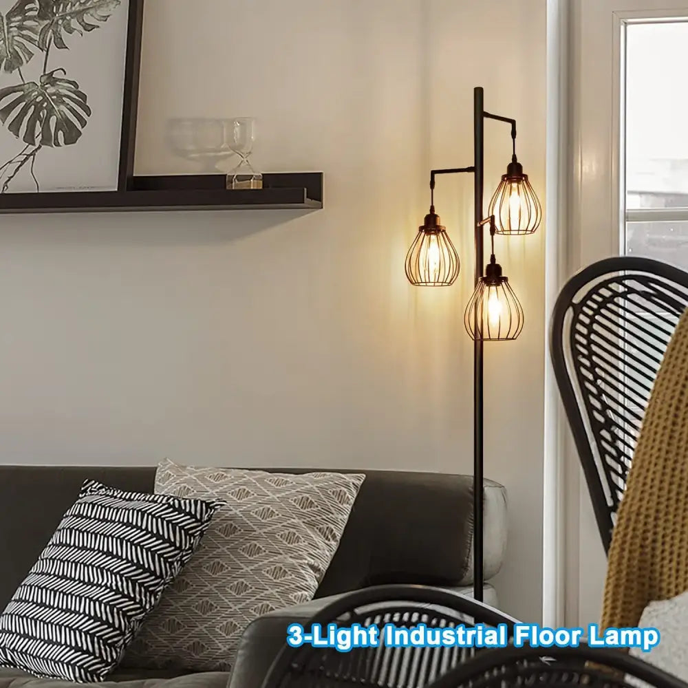 Industrial black metal 3 light led birdcage floor lamp with warm wire cage shades for bedroom decorbites led birdcage floor