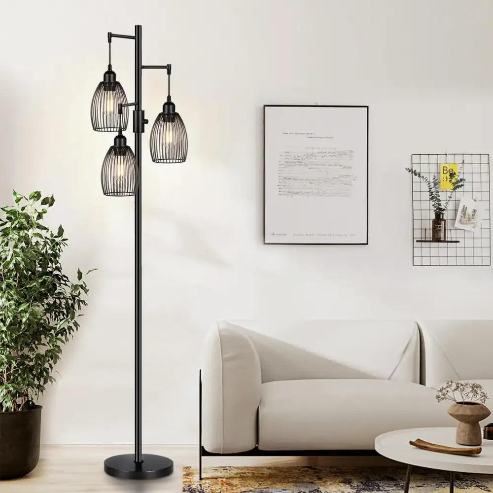 Industrial black metal 3 light led birdcage floor lamp with three cage-style shades for bedroom decorbites led birdcage floor