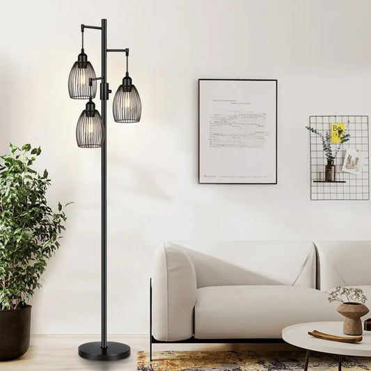 Industrial black metal 3 light led birdcage floor lamp with three cage-style shades for bedroom decorbites led birdcage floor