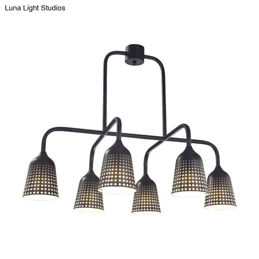 Black metal pendant light with five perforated conical shades featuring bulb base for 220v-240v use by DecorBites