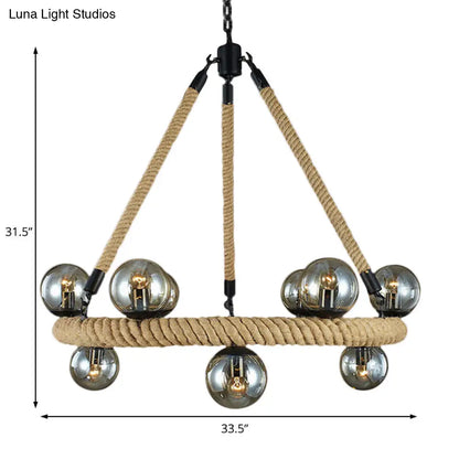 Industrial Black Metal 9-Bulb Ring Chandelier with Gray Glass Globe Shade