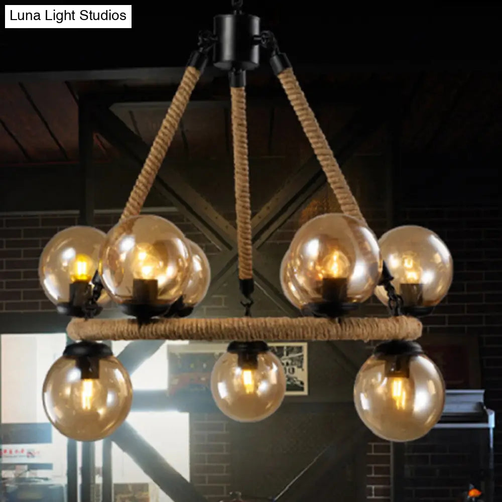 Industrial Black Metal 9-Bulb Ring Chandelier with Gray Glass Globe Shade