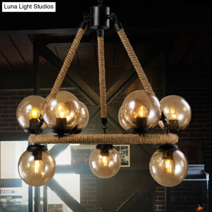 Industrial Black Metal 9-Bulb Ring Chandelier with Gray Glass Globe Shade