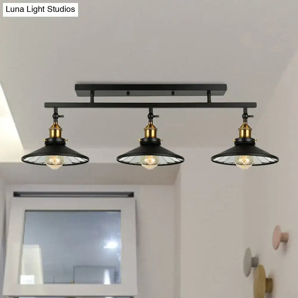 DecorBites black metal vintage industrial ceiling light fixture with brass three-light wire mesh cone shades for living room