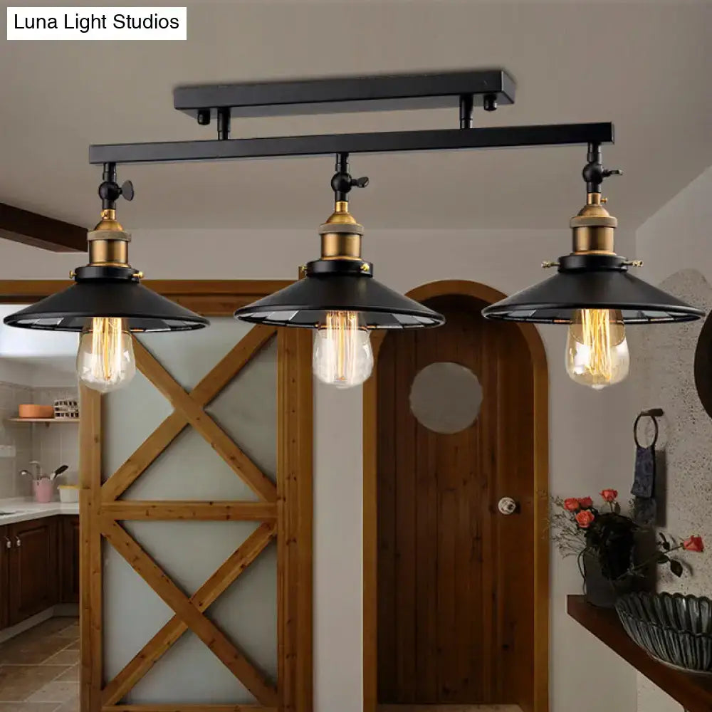 DecorBites black metal vintage ceiling light fixture with brass accents and cone shades for living room island lighting