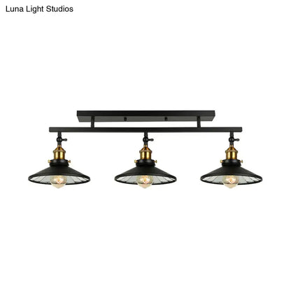 DecorBites black metal vintage ceiling light fixture with three adjustable brass pendant lights and clear cone shades