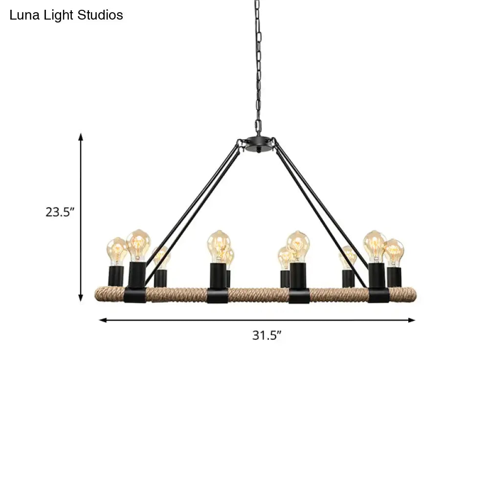 Decorbites 10 bulbs chandelier lighting with black metal frame natural rope base e26 e27 bulb base inches fixture
