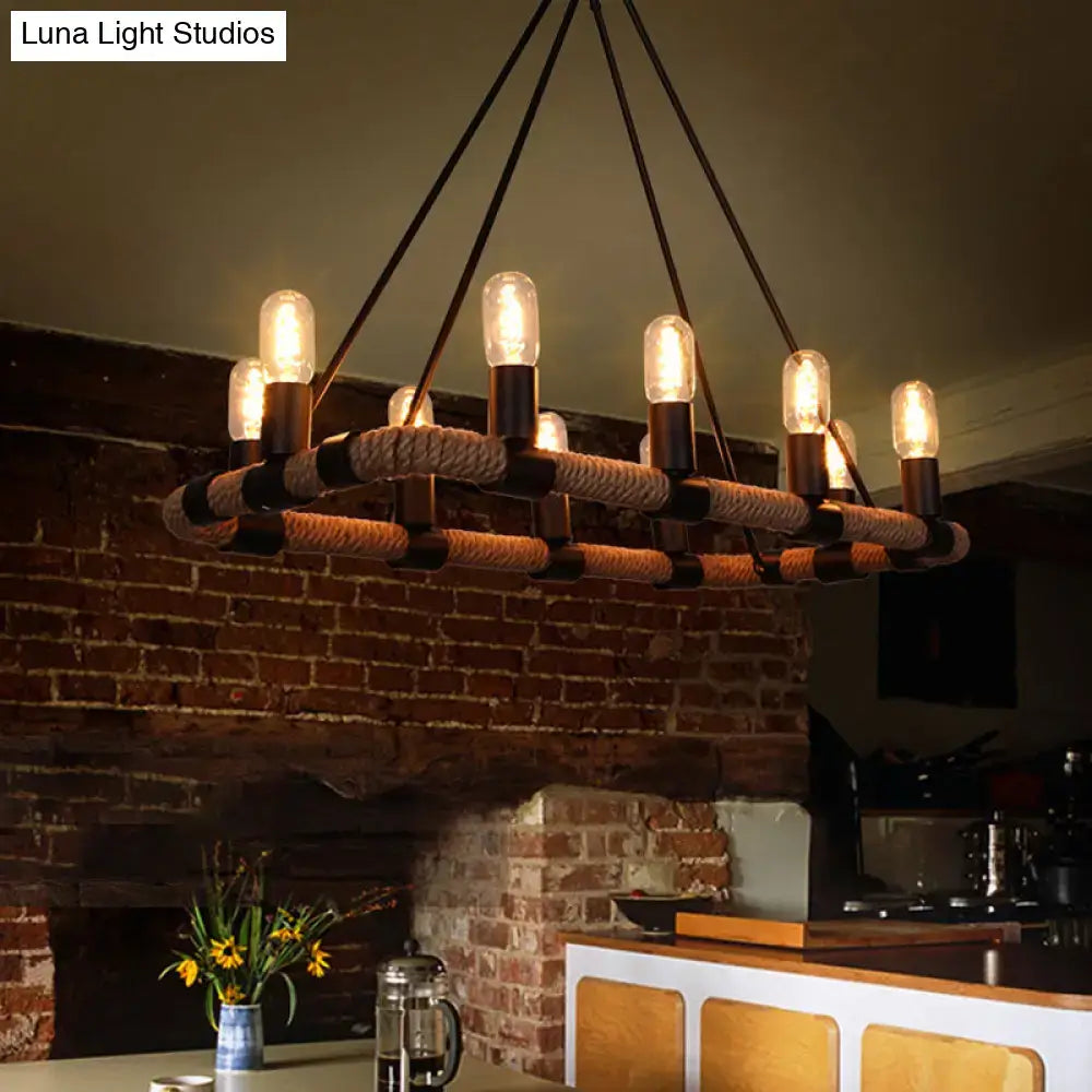 Decorbites 10 bulbs chandelier lighting with black metal pipes and natural rope detail e26 e27 bulb base fixture