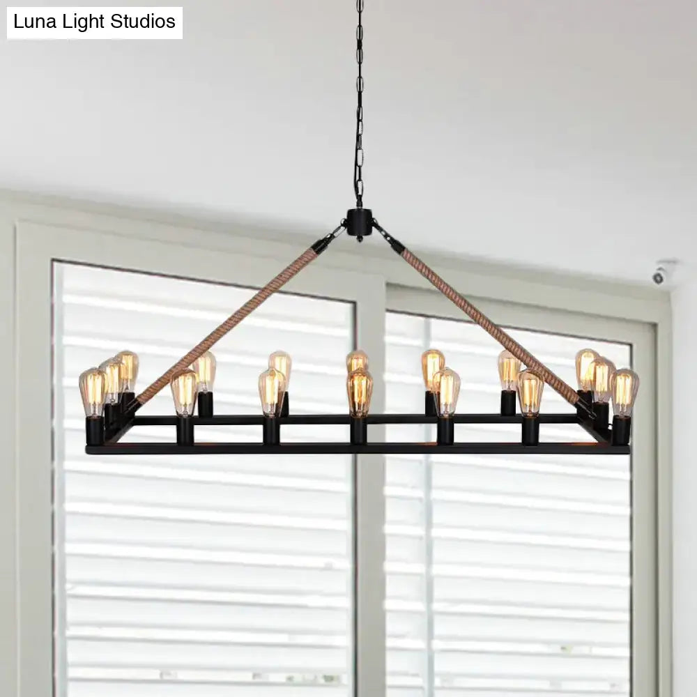 Industrial-style decorbites™ 10 bulbs chandelier lighting with black metal rectangular frame, rope detail, and e26 e27 bulb base