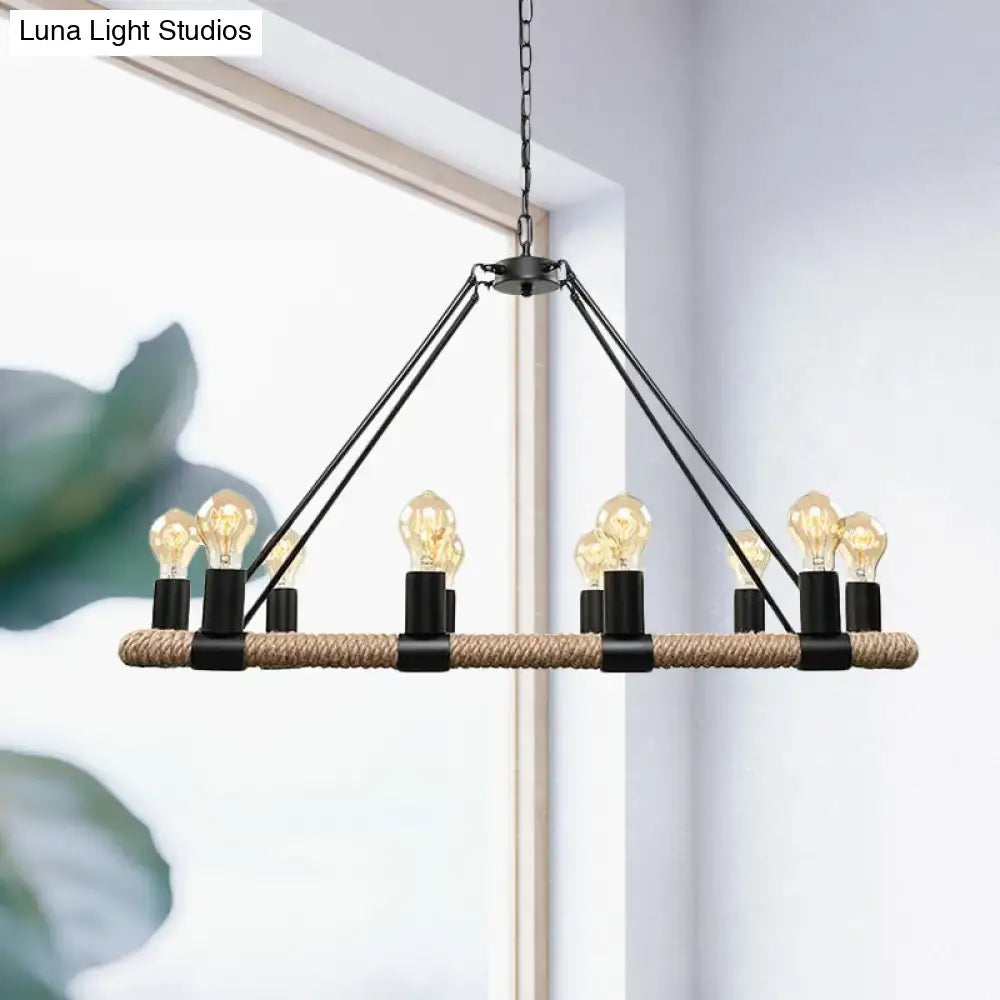 Black metal chandelier with woven rope center and six e26 e27 bulb base filament bulbs in a 10 inches fixture