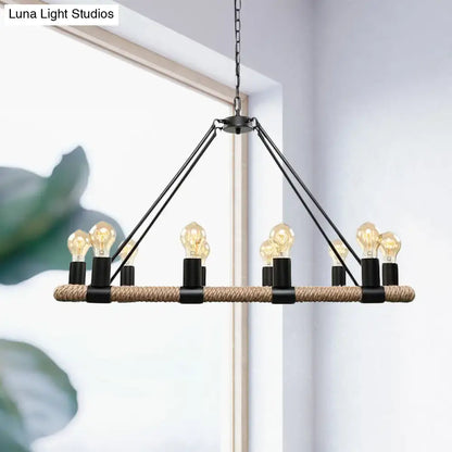 Black metal chandelier with woven rope center and six e26 e27 bulb base filament bulbs in a 10 inches fixture