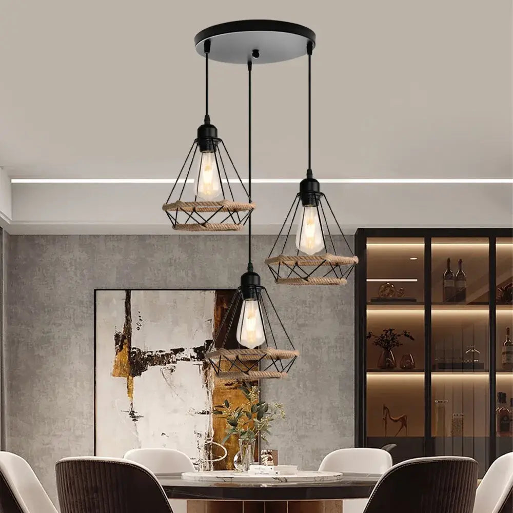 Industrial black metal and rope hanging lamp with exposed filament bulbs for kitchen decorbites industrial hanging light