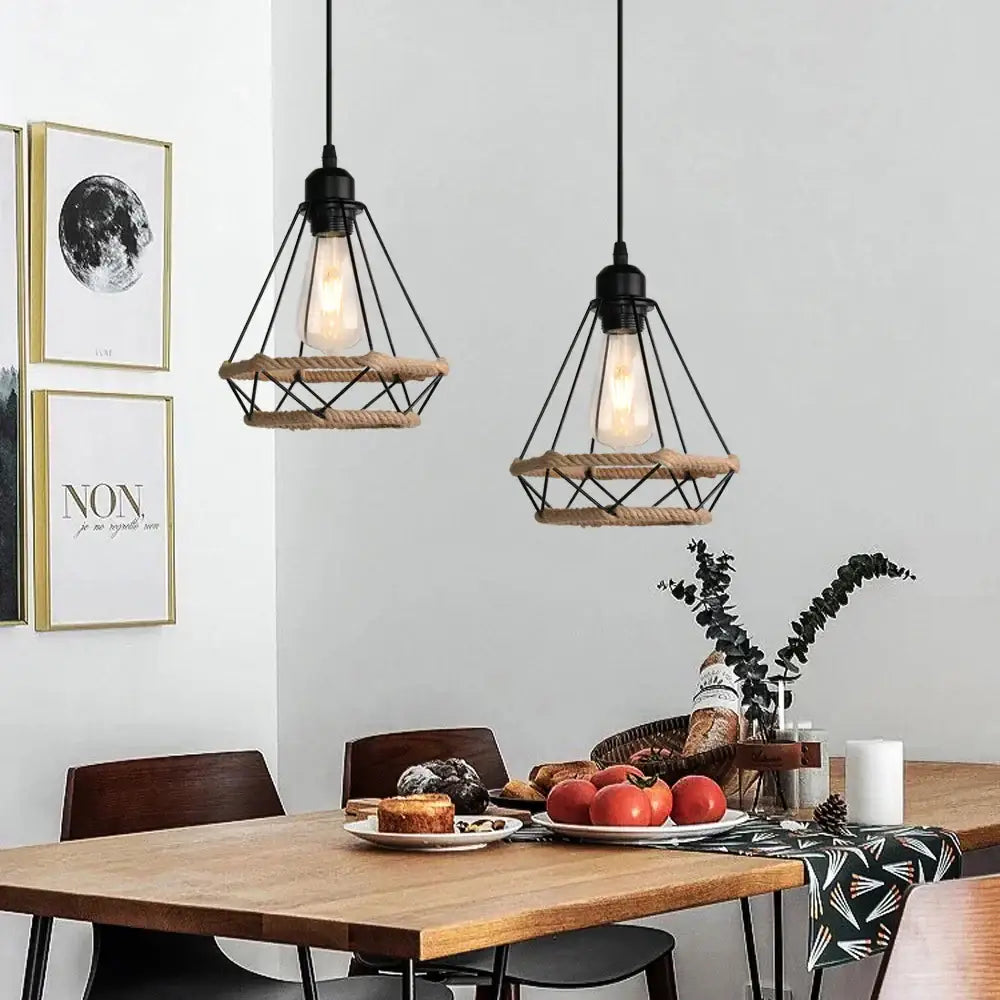 Industrial hanging lamp with black metal frame woven rope accents and exposed filament bulbs by decorbites industrial