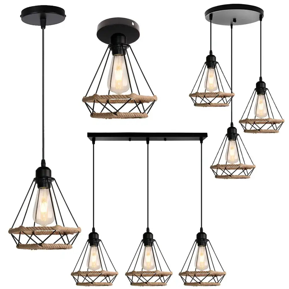 Industrial black metal and rope hanging lamp with cage pendant lights and exposed filament bulbs for kitchen decorbites industrial hanging