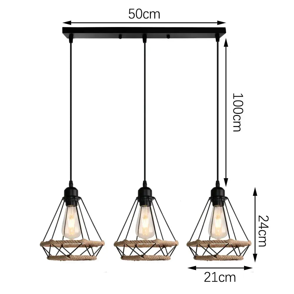 Industrial black metal and rope hanging lamp with three edison bulbs for kitchen decorbites industrial hanging light