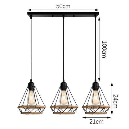 Industrial black metal and rope hanging lamp with three edison bulbs for kitchen decorbites industrial hanging light