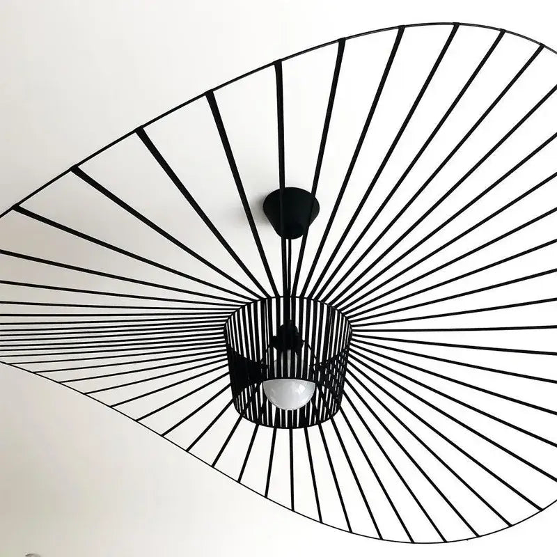 Industrial black metal art hat led chandelier with radial spoke design and central cylindrical cage for dining room decorbites industrial art