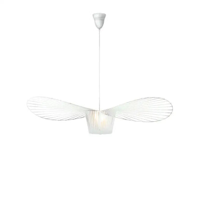 White led chandelier with delicate wing-like metal arms and frosted glass shade in decorbites industrial art hat style