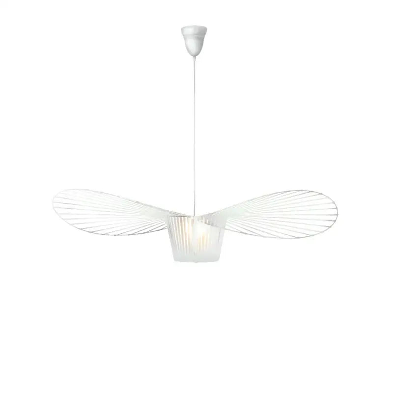 White led chandelier with delicate wing-like metal arms and frosted glass shade in decorbites industrial art hat style