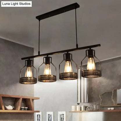 DecorBites industrial metal bar chandelier in black features four filament bulbs in bird cage mesh cages