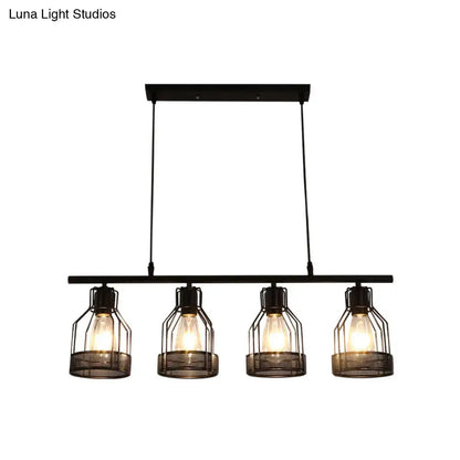 DecorBites™ industrial metal bar chandelier in black with four bird cage filament bulb fixtures for island lighting