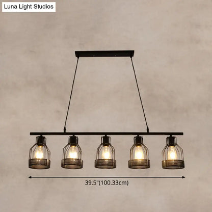 Decorbites industrial metal bar chandelier in black with five bird cage glass shades and exposed bulbs for island lighting